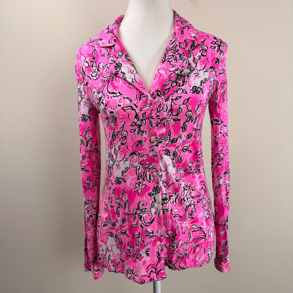 Lilly Pulitzer Pink Floral Long Sleeve Pajama Top‎ Stretch Rayon XS